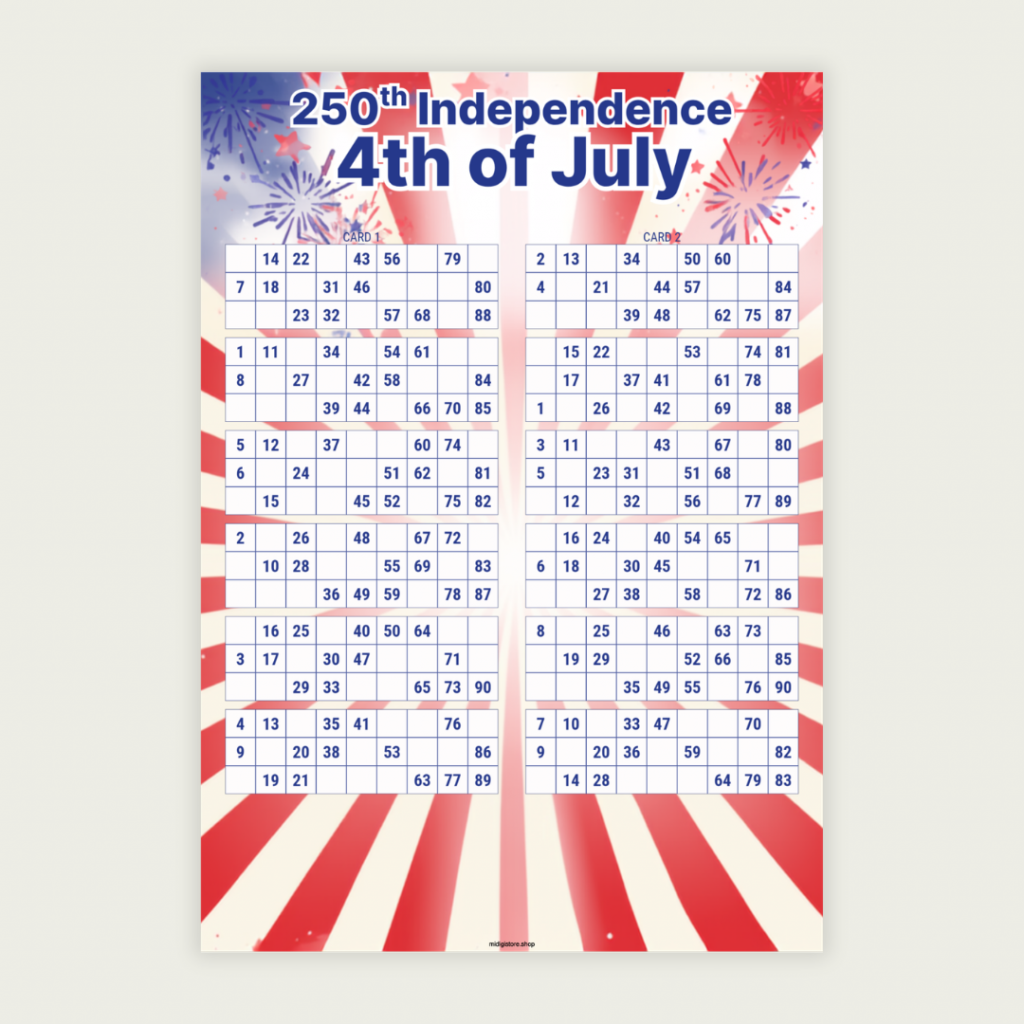 Celebrate the 250th Independence Day with 100 unique printable bingo cards. Includes 50 PDF pages with 2 cards per page, patriotic red white and blue design, and instant download access. Perfect for July 4th parties, classrooms, family gatherings, and community events.