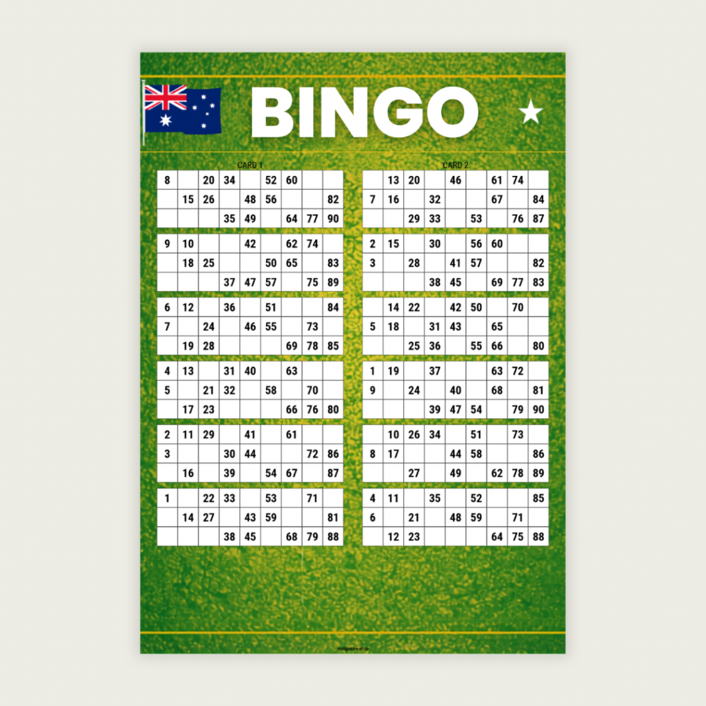 100 unique Australia-themed bingo cards in traditional 1–90 format. Includes 50 A4 printable pages with 2 cards per page. Perfect for Australia Day celebrations, sporting clubs, schools, family gatherings, and community events. Instant PDF download.