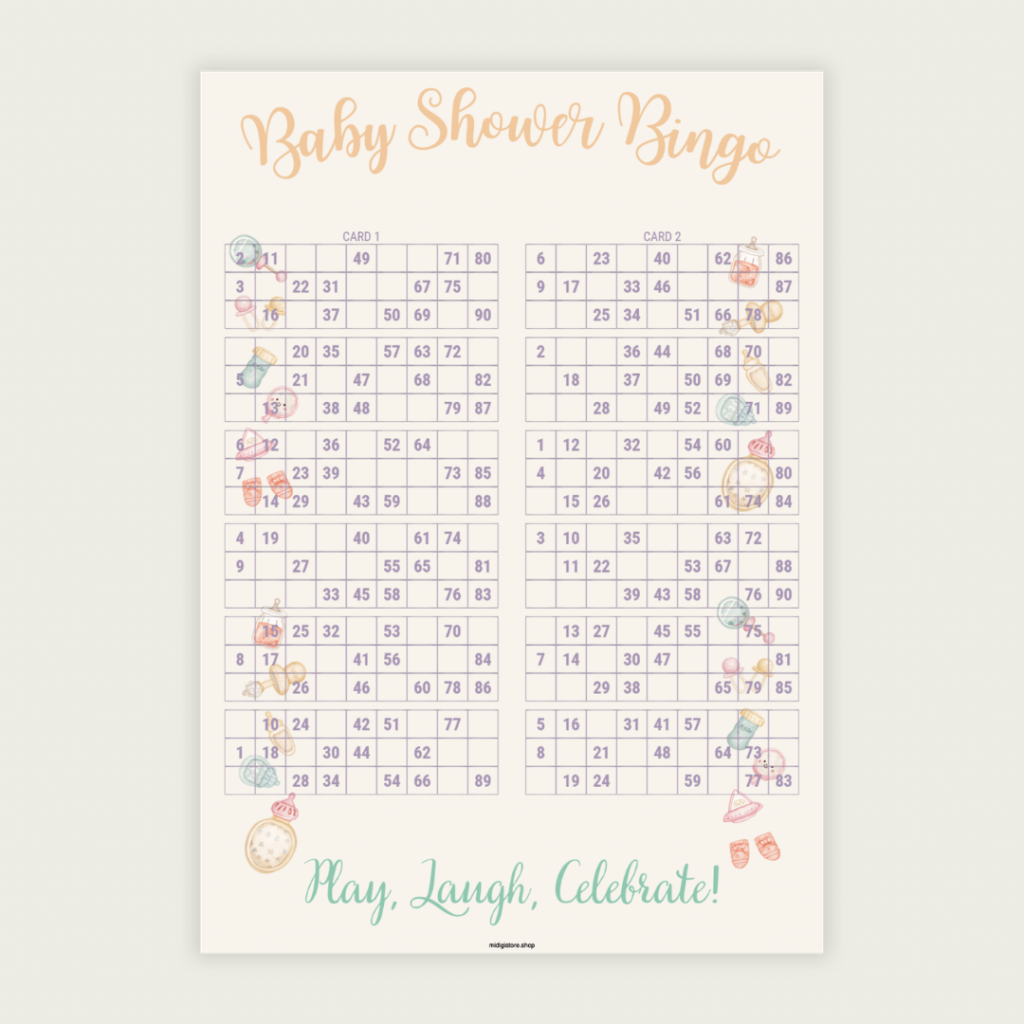 Elegant baby shower bingo printable featuring soft pastel colors and adorable baby-themed illustrations. Instant download and easy printing.