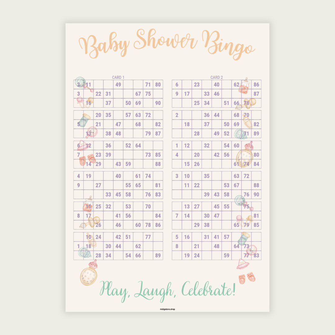 Elegant baby shower bingo printable featuring soft pastel colors and adorable baby-themed illustrations. Instant download and easy printing.