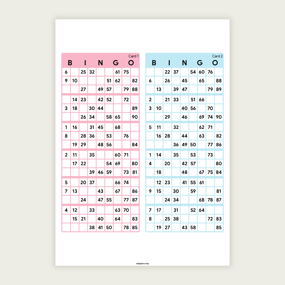 100 unique UK 90-ball bingo cards in one printable PDF. Includes 50 pages with 2 cards per page. Perfect for bingo nights, parties, fundraisers, schools, and family gatherings. Instant download.