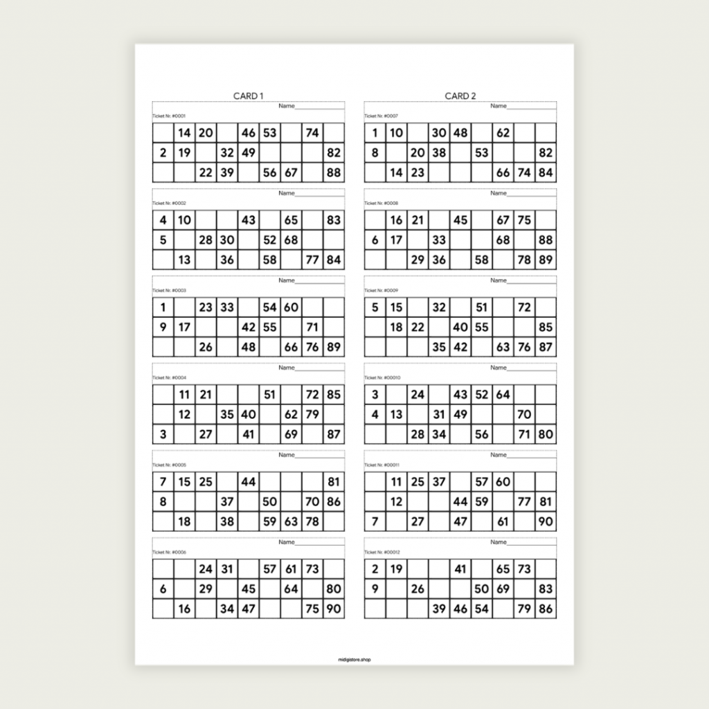 100 unique UK 90-ball bingo cards in one printable PDF. Includes 50 pages with 2 cards per page. Perfect for bingo nights, parties, fundraisers, schools, and family gatherings. Instant download.