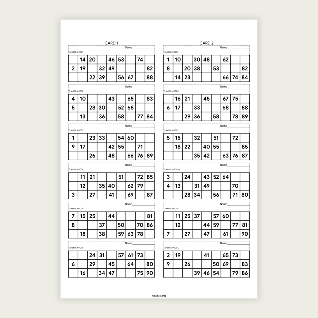 100 unique UK 90-ball bingo cards in one printable PDF. Includes 50 pages with 2 cards per page. Perfect for bingo nights, parties, fundraisers, schools, and family gatherings. Instant download.