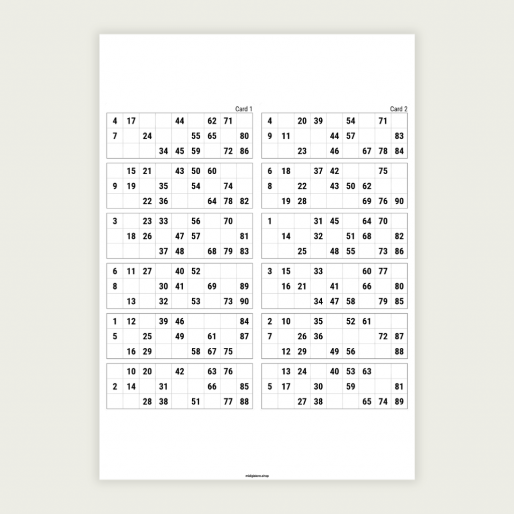 Printable UK 1–90 bingo cards. Includes 1 PDF with 5 pages and 2 cards per page (10 unique cards total). Instant digital download for parties, fundraisers, schools, and family game nights.