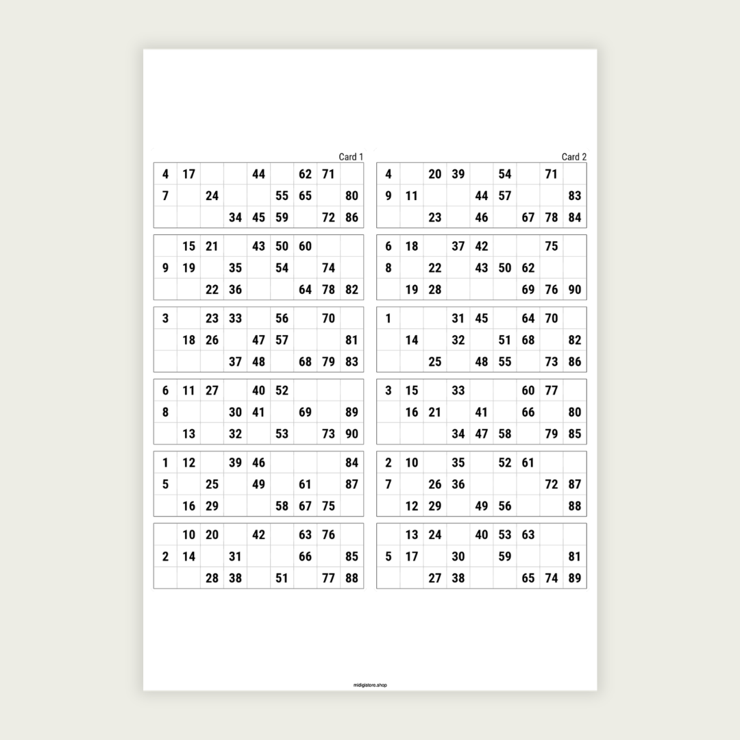 Printable UK 1–90 bingo cards. Includes 1 PDF with 5 pages and 2 cards per page (10 unique cards total). Instant digital download for parties, fundraisers, schools, and family game nights.