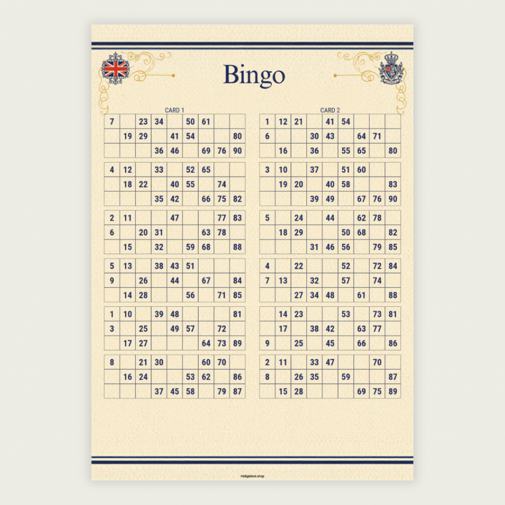 100 unique British-themed UK 90-ball bingo cards in one printable PDF. Includes 50 pages with 2 cards per page. Perfect for pub bingo nights, fundraisers, parties, and community events. Instant download.