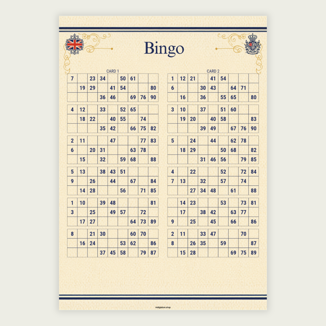 100 unique British-themed UK 90-ball bingo cards in one printable PDF. Includes 50 pages with 2 cards per page. Perfect for pub bingo nights, fundraisers, parties, and community events. Instant download.