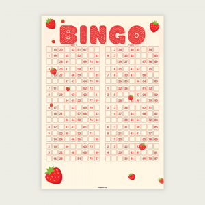 100 unique strawberry-themed UK 90-ball bingo cards in one printable PDF. Includes 50 pages with 2 cards per page. Perfect for parties, classrooms, family game nights, and summer celebrations.