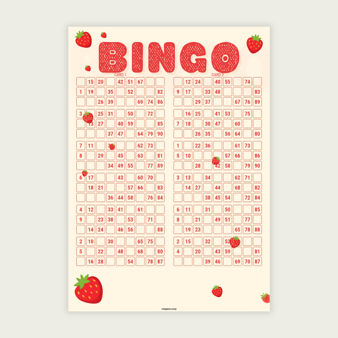 100 unique strawberry-themed UK 90-ball bingo cards in one printable PDF. Includes 50 pages with 2 cards per page. Perfect for parties, classrooms, family game nights, and summer celebrations.