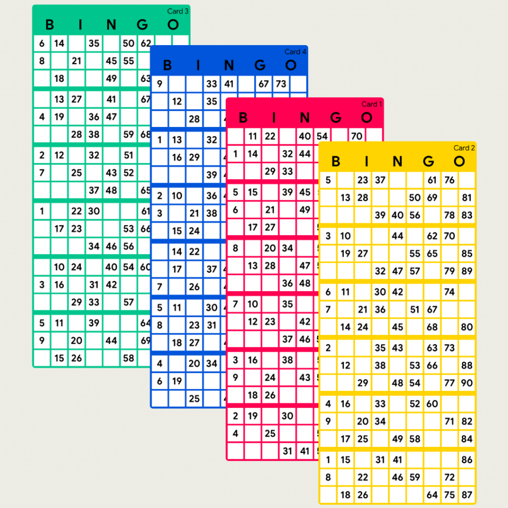 Printable UK bingo cards featuring 100 unique 90-ball bingo tickets in a PDF download, with 2 cards per page across 50 pages for parties, fundraisers, and game nights.