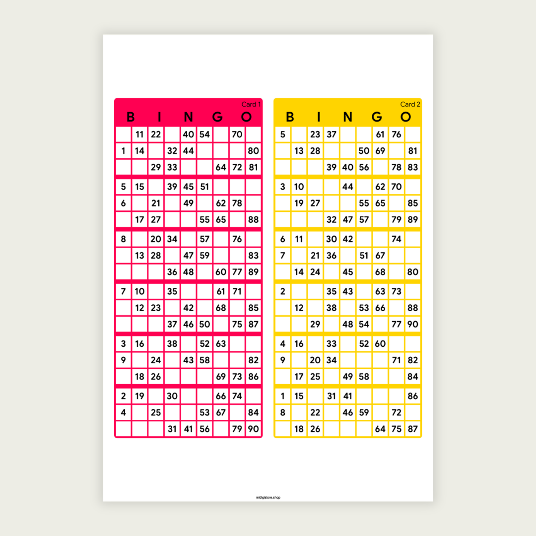 Printable UK bingo cards featuring 100 unique 90-ball bingo tickets in a PDF download, with 2 cards per page across 50 pages for parties, fundraisers, and game nights.