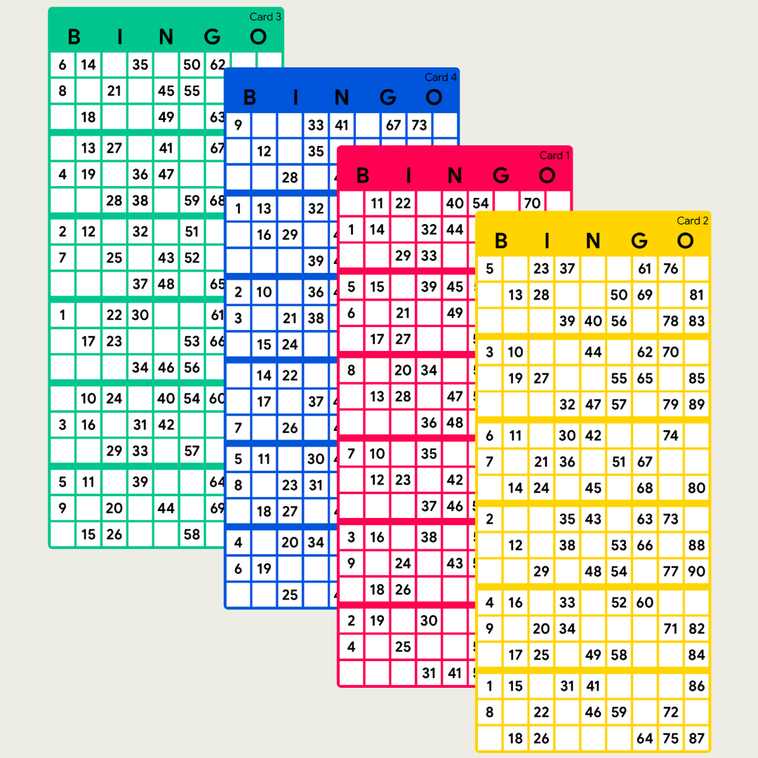 Printable UK bingo cards featuring 100 unique 90-ball bingo tickets in a PDF download, with 2 cards per page across 50 pages for parties, fundraisers, and game nights.