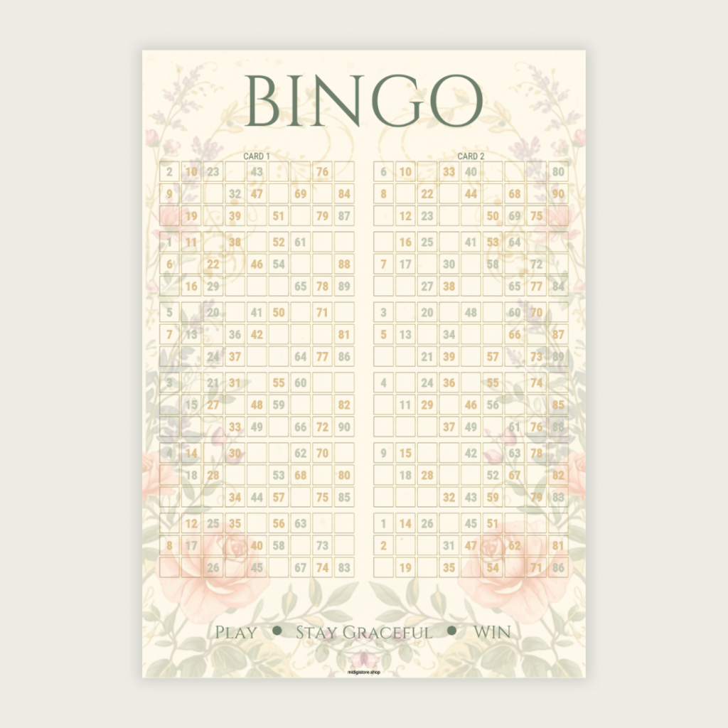 Elegant floral UK 90-ball bingo cards featuring 100 unique tickets in one printable PDF. Includes 50 pages with 2 cards per page. Perfect for bridal showers, tea parties, fundraisers, and family bingo nights.