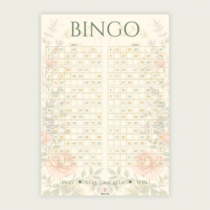 FLORAL BINGO CARDS SET A Elegant floral UK 90-ball bingo cards featuring 100 unique tickets in one printable PDF. Includes 50 pages with 2 cards per page. Perfect for bridal showers, tea parties, fundraisers, and family bingo nights.