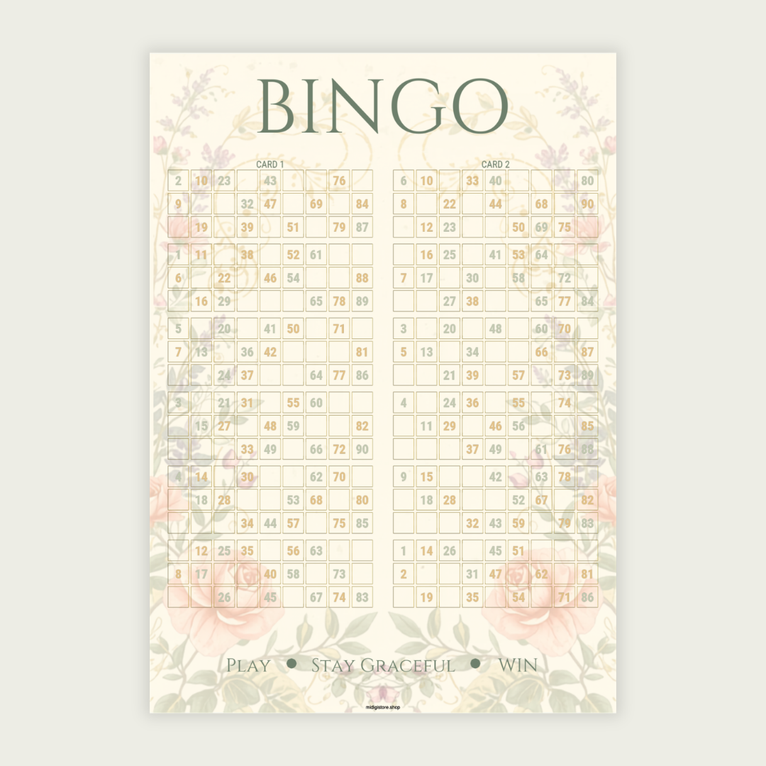 Elegant floral UK 90-ball bingo cards featuring 100 unique tickets in one printable PDF. Includes 50 pages with 2 cards per page. Perfect for bridal showers, tea parties, fundraisers, and family bingo nights.