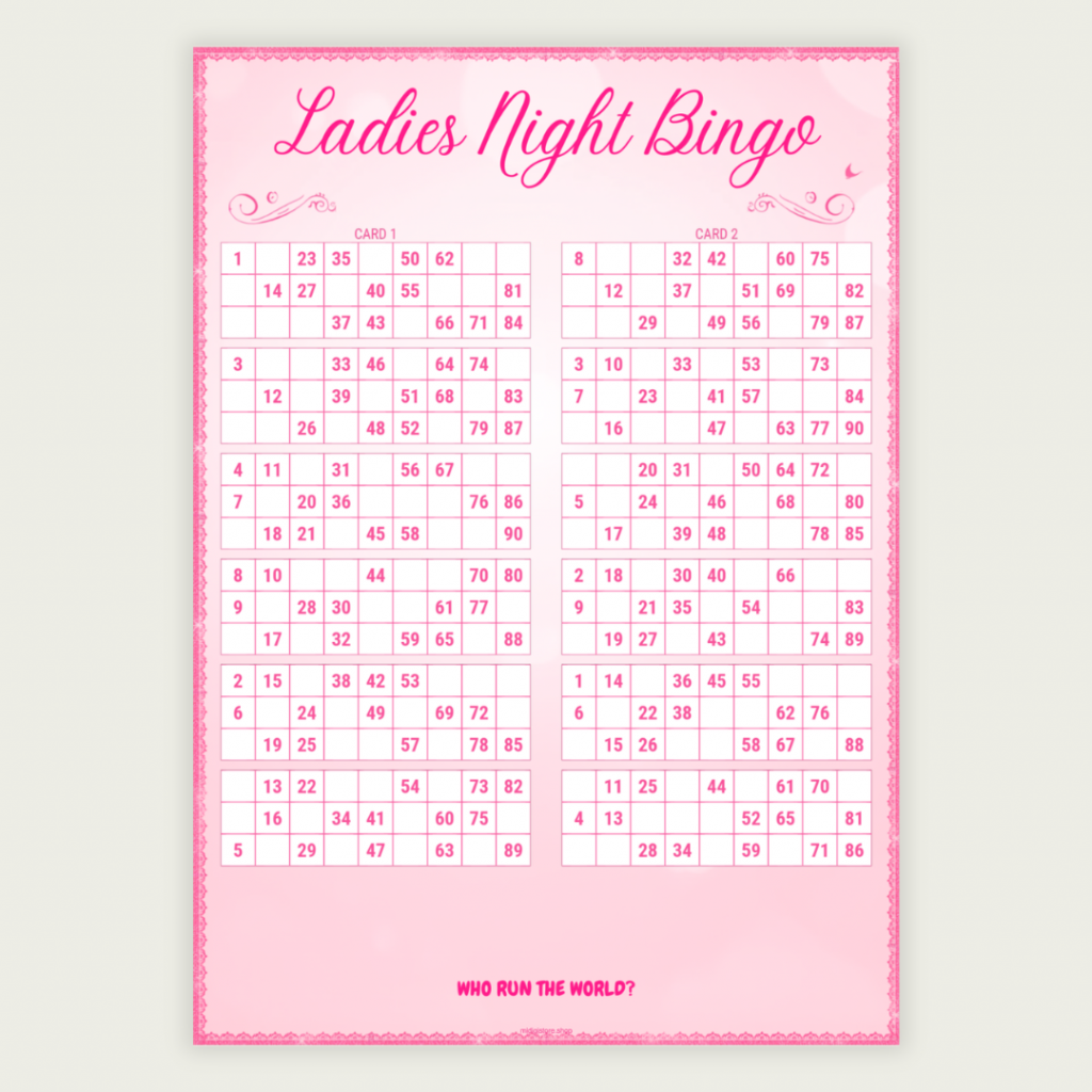 💖 Printable Ladies Night Bingo Cards featuring the traditional UK 90-ball bingo format. This instant download includes 1 PDF with 50 pages and 100 unique bingo cards (2 cards per page). Perfect for hen parties, girls' nights, bridal showers, birthdays, fundraisers, and social events. Simply download, print, and play! 🎉