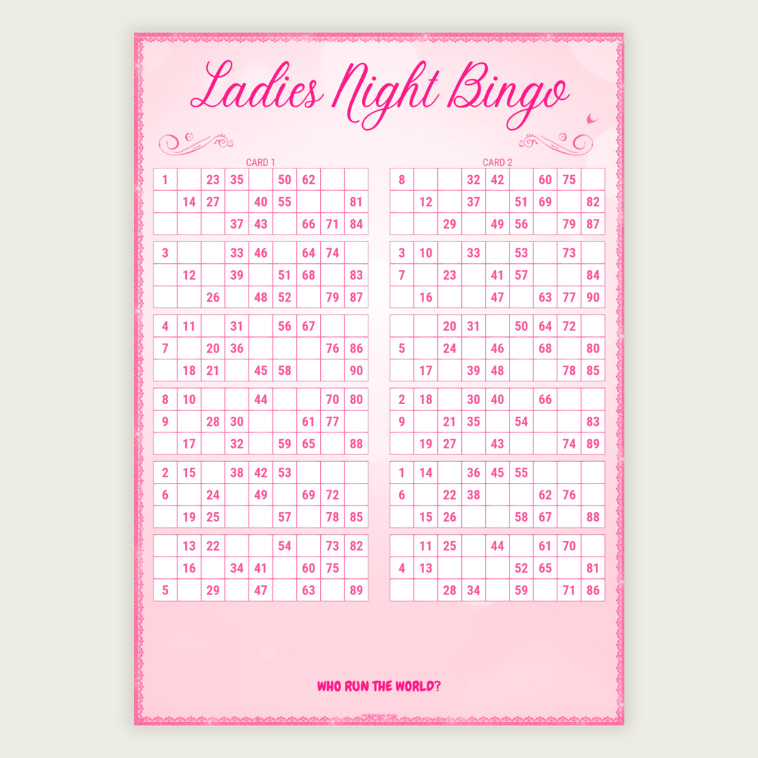 💖 Printable Ladies Night Bingo Cards featuring the traditional UK 90-ball bingo format. This instant download includes 1 PDF with 50 pages and 100 unique bingo cards (2 cards per page). Perfect for hen parties, girls' nights, bridal showers, birthdays, fundraisers, and social events. Simply download, print, and play! 🎉