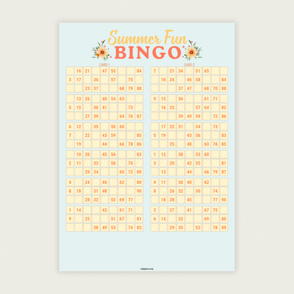 100 unique summer-themed UK 90-ball bingo cards in one printable PDF. Includes 50 pages with 2 cards per page. Perfect for summer parties, BBQs, family gatherings, classrooms, and community events.