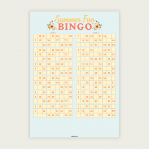 SUMMER BINGO CARDS SET A 100 unique summer-themed UK 90-ball bingo cards in one printable PDF. Includes 50 pages with 2 cards per page. Perfect for summer parties, BBQs, family gatherings, classrooms, and community events.
