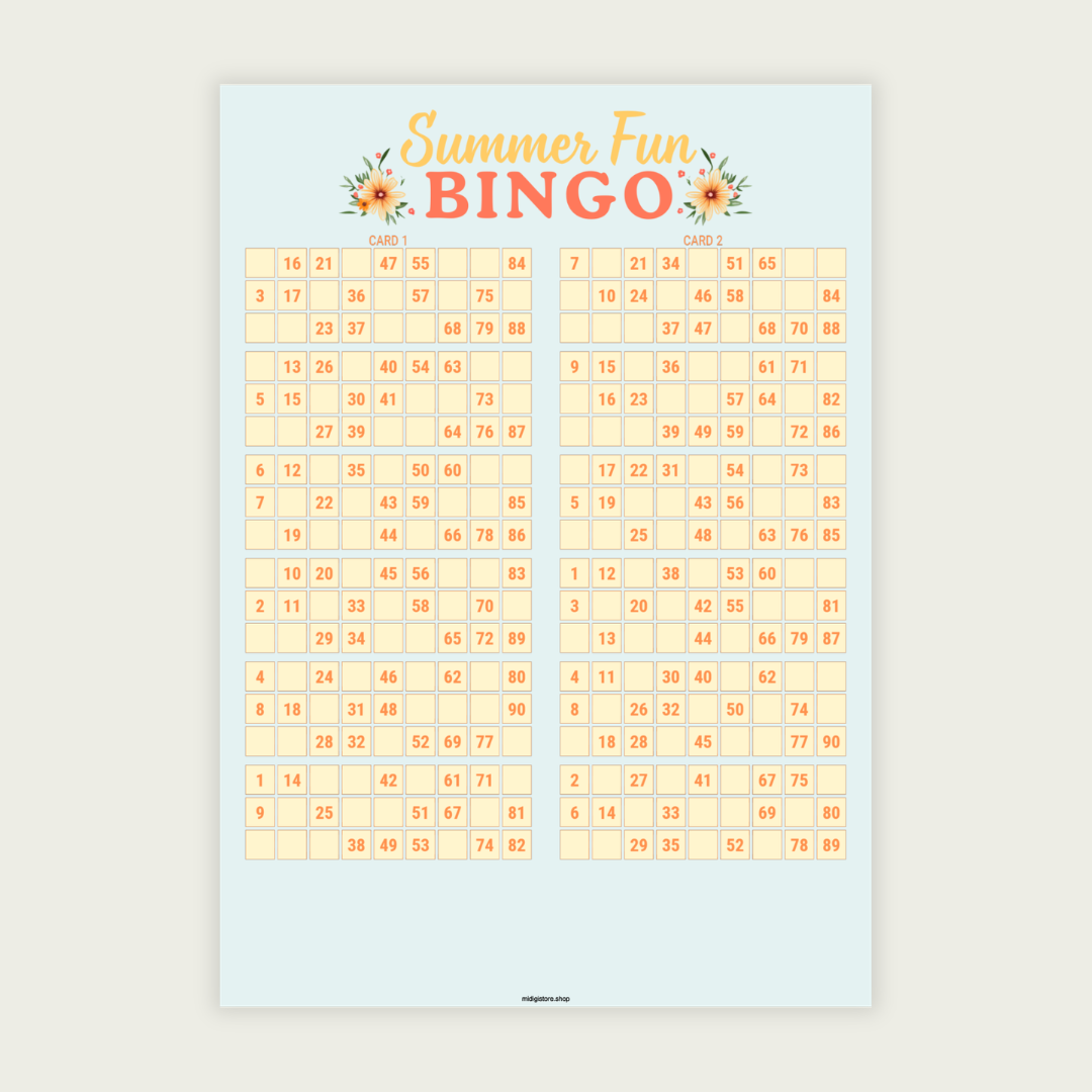 100 unique summer-themed UK 90-ball bingo cards in one printable PDF. Includes 50 pages with 2 cards per page. Perfect for summer parties, BBQs, family gatherings, classrooms, and community events.