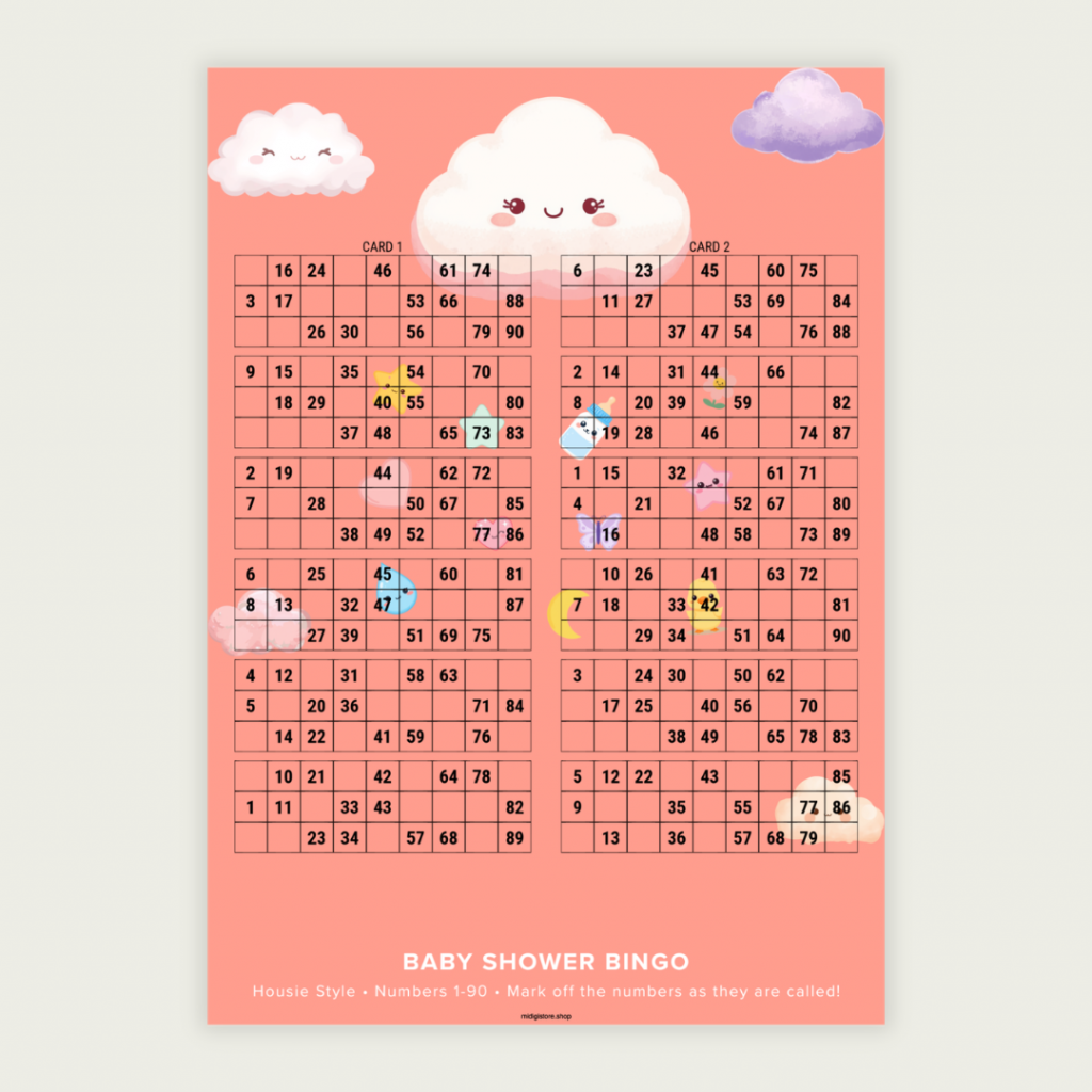 Printable Baby Shower Bingo featuring a cute pink cloud theme. Includes 100 unique UK-style bingo tickets (1–90) delivered as 1 PDF with 50 pages and 2 cards per page. Instant digital download.
