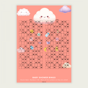 Baby Shower Bingo Printable – UK Style Housie Bingo Printable Baby Shower Bingo featuring a cute pink cloud theme. Includes 100 unique UK-style bingo tickets (1–90) delivered as 1 PDF with 50 pages and 2 cards per page. Instant digital download.