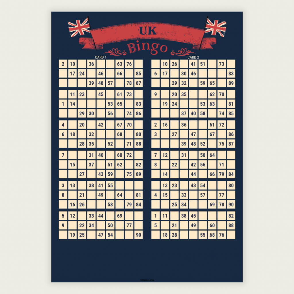 100 unique UK-style bingo cards in traditional 1–90 format. Includes 50 A4 PDF pages with 2 cards per page. Perfect for bingo nights, pub events, schools, fundraisers, family gatherings, and British-themed parties. Instant download.