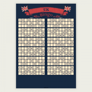 UK BINGO CARDS SET A_page1 100 unique UK-style bingo cards in traditional 1–90 format. Includes 50 A4 PDF pages with 2 cards per page. Perfect for bingo nights, pub events, schools, fundraisers, family gatherings, and British-themed parties. Instant download.
