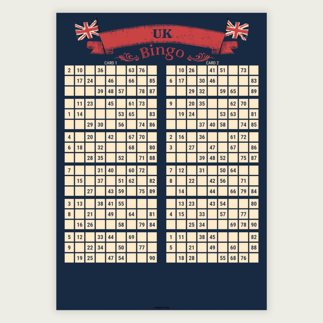 100 unique UK-style bingo cards in traditional 1–90 format. Includes 50 A4 PDF pages with 2 cards per page. Perfect for bingo nights, pub events, schools, fundraisers, family gatherings, and British-themed parties. Instant download.