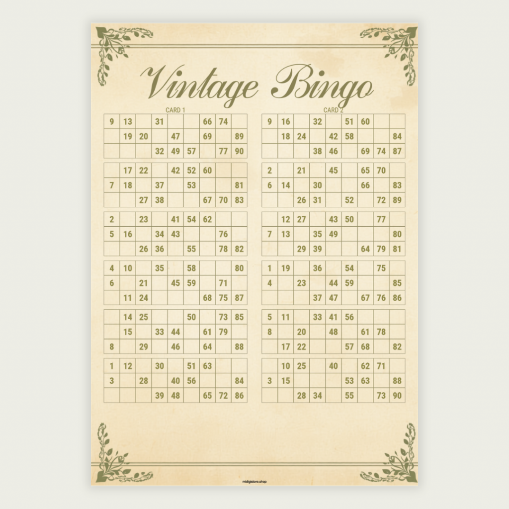 Vintage UK Style 1–90 Bingo Cards featuring a beautiful retro design. Includes 100 unique bingo tickets in 1 printable PDF (50 A4 pages with 2 cards per page). Perfect for bingo nights, parties, fundraisers, care homes, weddings, and family events. Instant digital download – print and play!