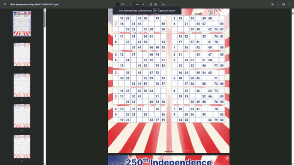 Celebrate the 250th Independence Day with 100 unique printable bingo cards. Includes 50 PDF pages with 2 cards per page, patriotic red white and blue design, and instant download access. Perfect for July 4th parties, classrooms, family gatherings, and community events.