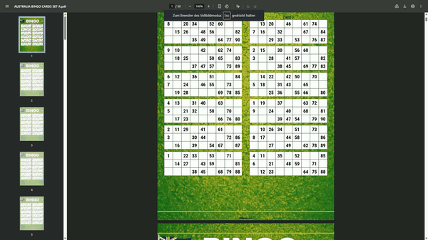 100 unique Australia-themed bingo cards in traditional 1–90 format. Includes 50 A4 printable pages with 2 cards per page. Perfect for Australia Day celebrations, sporting clubs, schools, family gatherings, and community events. Instant PDF download.