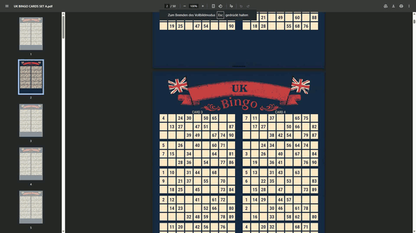 100 unique UK-style bingo cards in traditional 1–90 format. Includes 50 A4 PDF pages with 2 cards per page. Perfect for bingo nights, pub events, schools, fundraisers, family gatherings, and British-themed parties. Instant download.