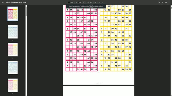 Four colorful UK-style bingo card designs showing traditional 1–90 number layouts, included in a printable PDF with 100 unique bingo tickets.