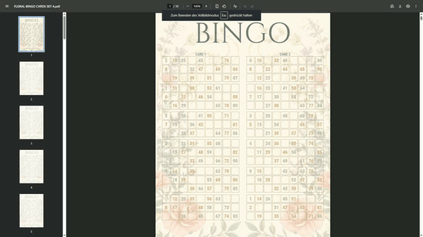 Elegant floral UK 90-ball bingo cards featuring 100 unique tickets in one printable PDF. Includes 50 pages with 2 cards per page. Perfect for bridal showers, tea parties, fundraisers, and family bingo nights.