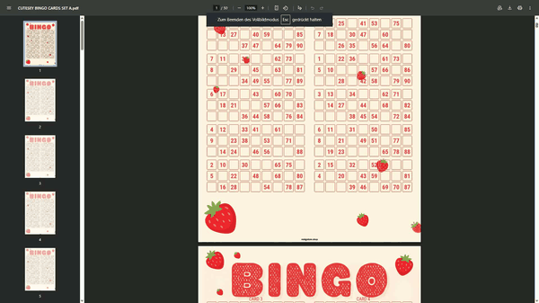 100 unique strawberry-themed UK 90-ball bingo cards in one printable PDF. Includes 50 pages with 2 cards per page. Perfect for parties, classrooms, family game nights, and summer celebrations.
