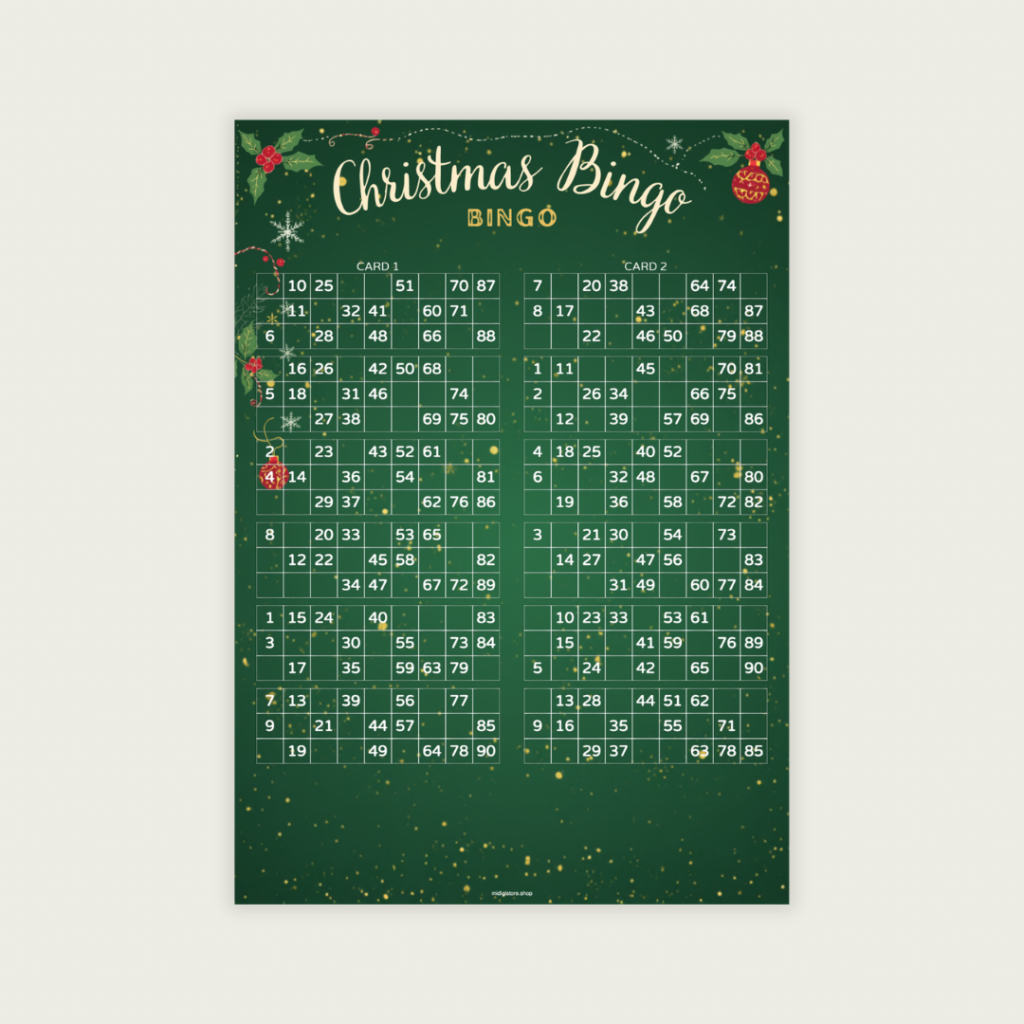 Christmas 90 Ball UK Bingo Cards Printable | 100 Unique Tickets | 50-Page PDF | 2 Cards Per A4 Page | Instant Download