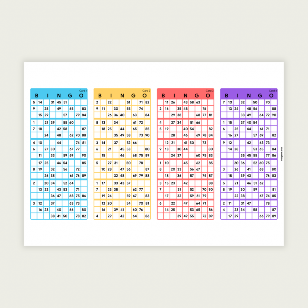 100 UK Bingo Cards Printable | 1-90 Bingo Tickets | A4 PDF | 4 Colours | Instant Download | 4 Per Page