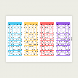 100 UK Bingo Cards Printable | 1-90 Bingo Tickets | A4 PDF | 4 Colours | Instant Download | 4 Per Page