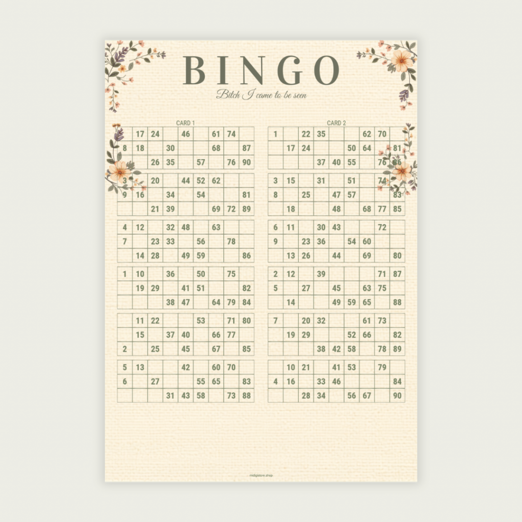 Floral Beige 90 Ball UK Bingo Cards Printable 100 Unique Tickets 50-Page PDF 2 Cards Per A4 Page Instant Download