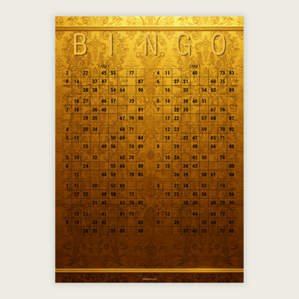 Gold Party 90 Ball UK Bingo Cards Printable | 100 Unique Tickets | 50-Page PDF | 2 Cards Per A4 Page | Instant Download