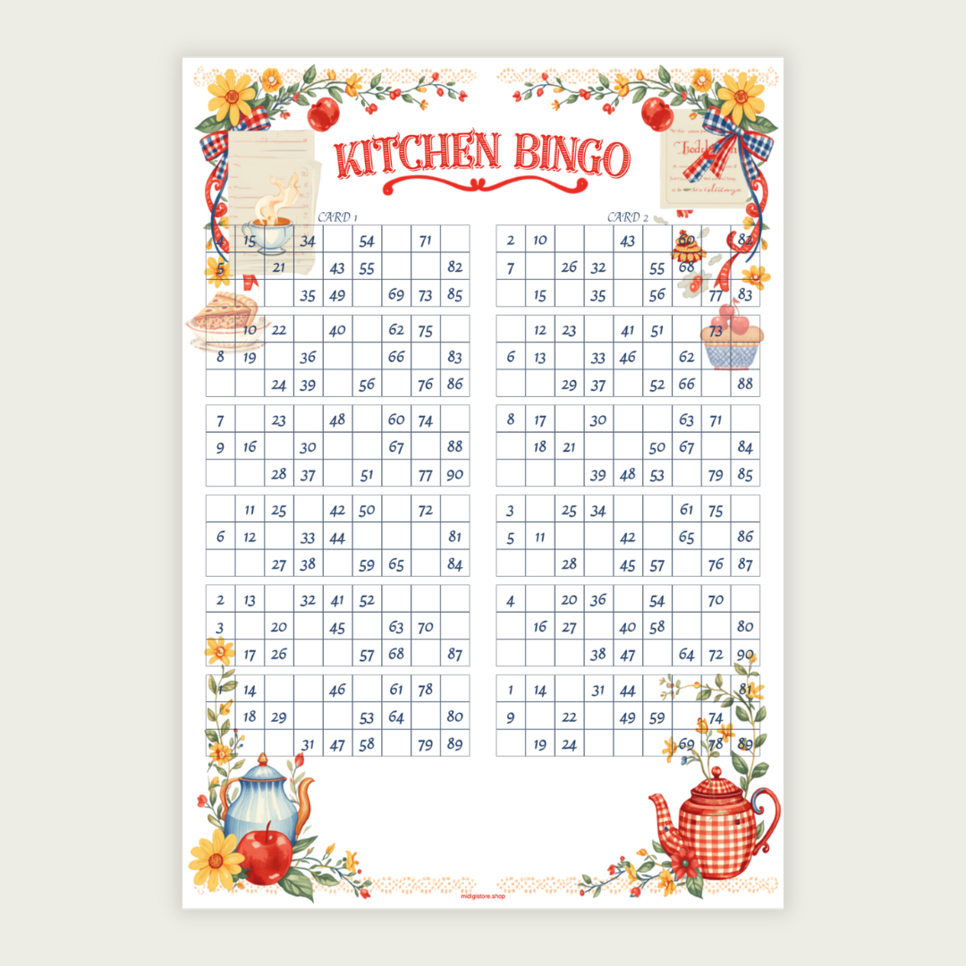 Kitchen 90 Ball UK Bingo Cards Printable | 100 Unique Tickets | 50-Page PDF | 2 Cards Per A4 Page | Instant Download