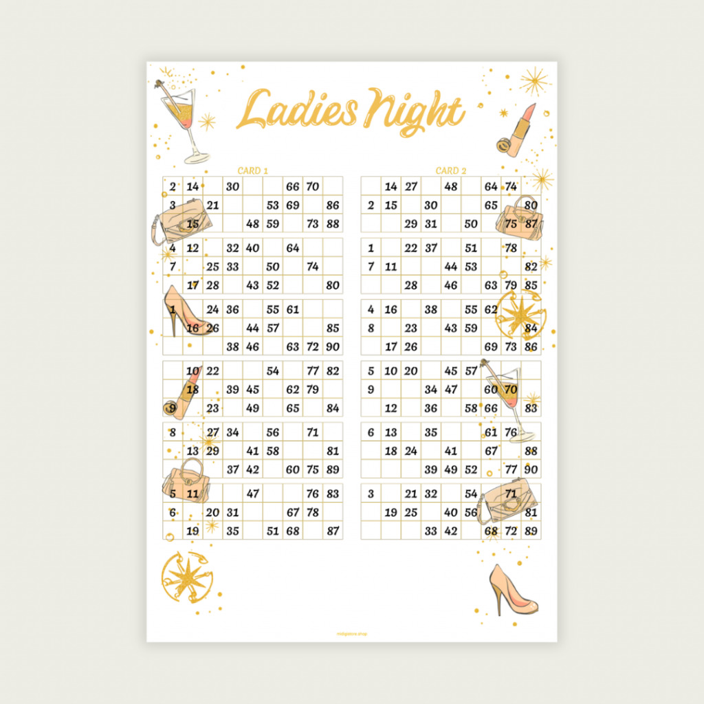 Ladies Night 90 Ball UK Bingo Cards Printable | 100 Unique Tickets | 50-Page PDF | 2 Cards Per A4 Page | Instant Download