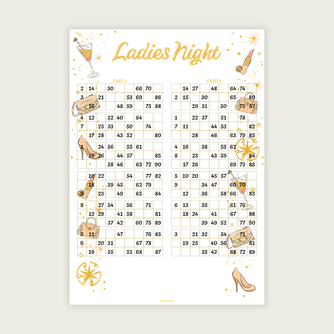 Ladies Night 90 Ball UK Bingo Cards Printable | 100 Unique Tickets | 50-Page PDF | 2 Cards Per A4 Page | Instant Download