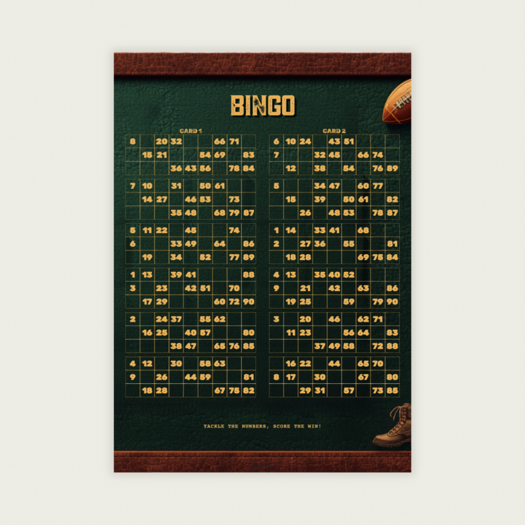 Rugby 90 Ball UK Bingo Cards Printable | 100 Unique Tickets | 50-Page PDF | 2 Cards Per A4 Page | Instant Download