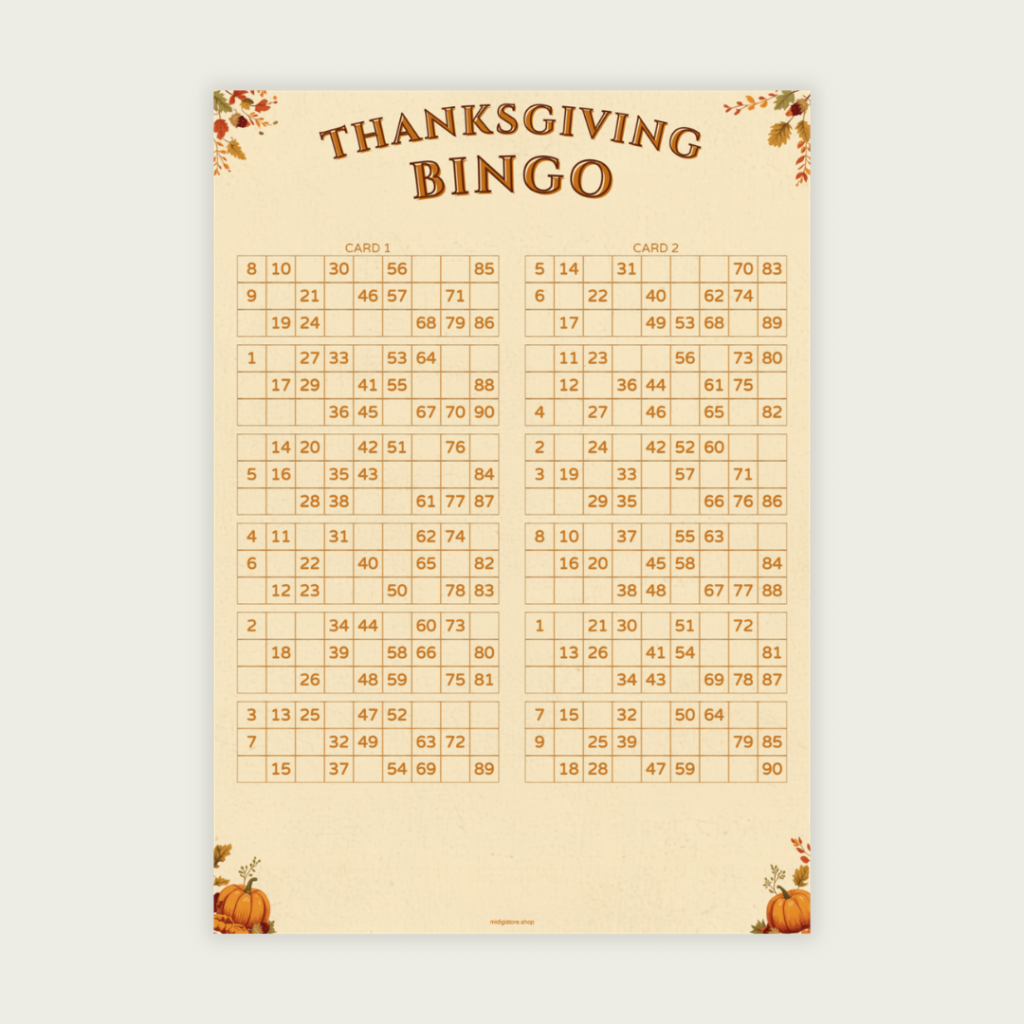 Thanksgiving 90 Ball UK Bingo Cards Printable | 100 Unique Tickets | 50-Page PDF | 2 Cards Per A4 Page | Instant Download