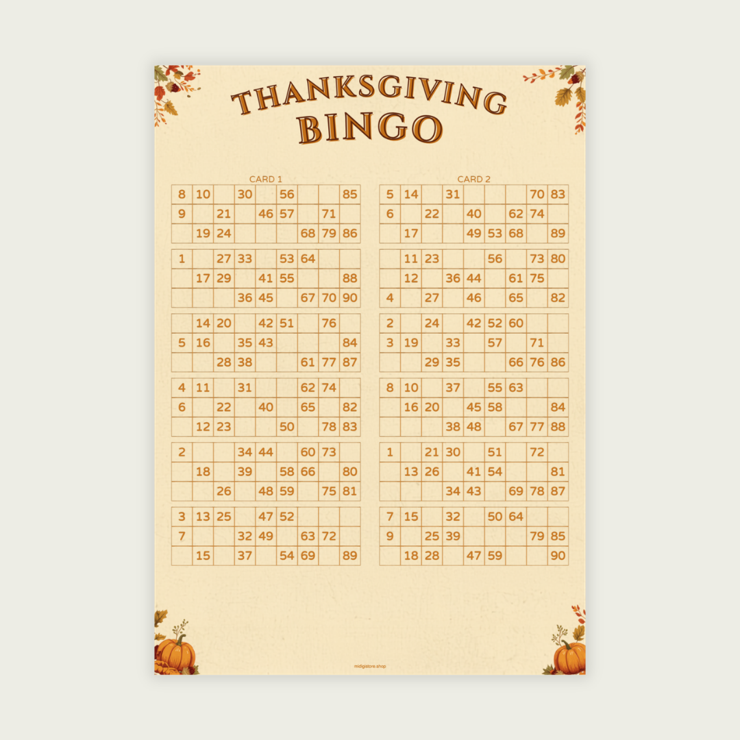 Thanksgiving 90 Ball UK Bingo Cards Printable | 100 Unique Tickets | 50-Page PDF | 2 Cards Per A4 Page | Instant Download