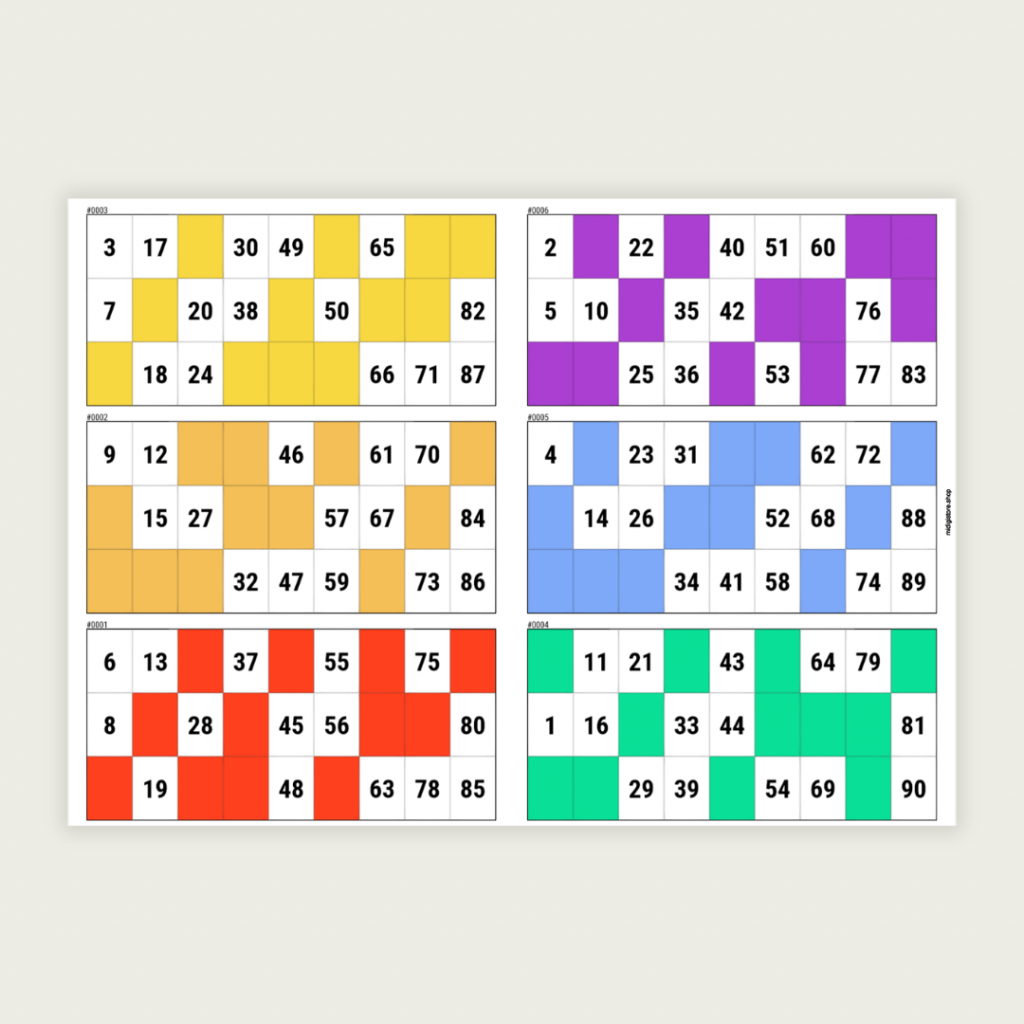 Printable Tambola (Housie) ticket bundle featuring 600 unique 90-ball bingo tickets in a standard 3×9 layout. Includes 100 A4 pages with 6 color-coded, easy-to-read tickets per page for parties, events, and family game nights.