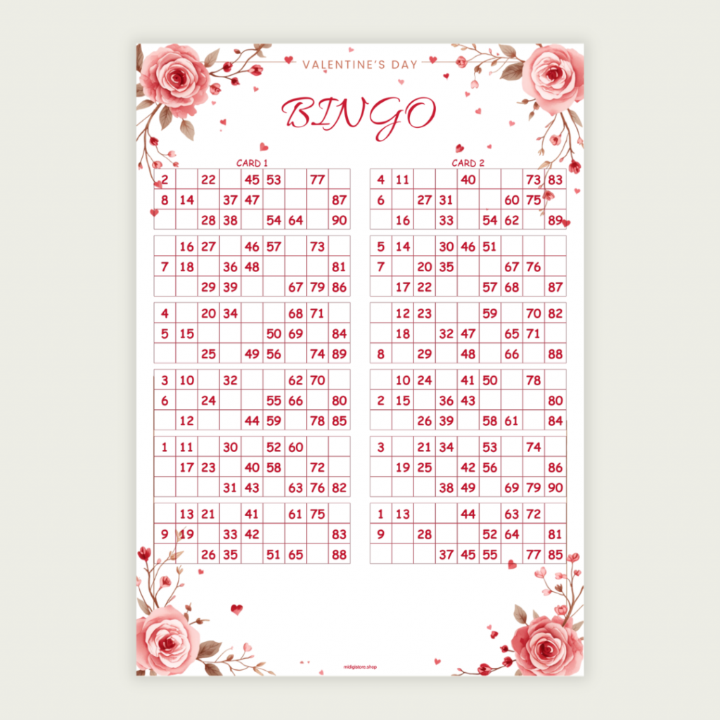 Valentine 90 Ball UK Bingo Cards Printable | 100 Unique Tickets | 50-Page PDF | 2 Cards Per A4 Page | Instant Download