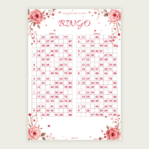 Valentine 90 Ball UK Bingo Cards Printable | 100 Unique Tickets | 50-Page PDF | 2 Cards Per A4 Page | Instant Download
